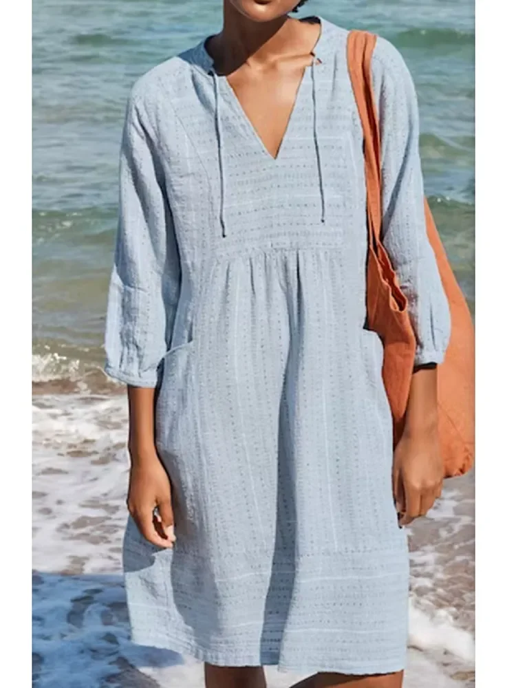 

Beach Cotton Linen Dress Women Clothing Summer Casual V Neck Pocket Loose Chic Tunicas Fashion Oversize Midi Dresses Vestidos