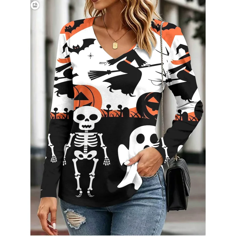 Halloween spider web design pumpkin lantern style women's collared long-sleeve printTT-shirt Casual Top
