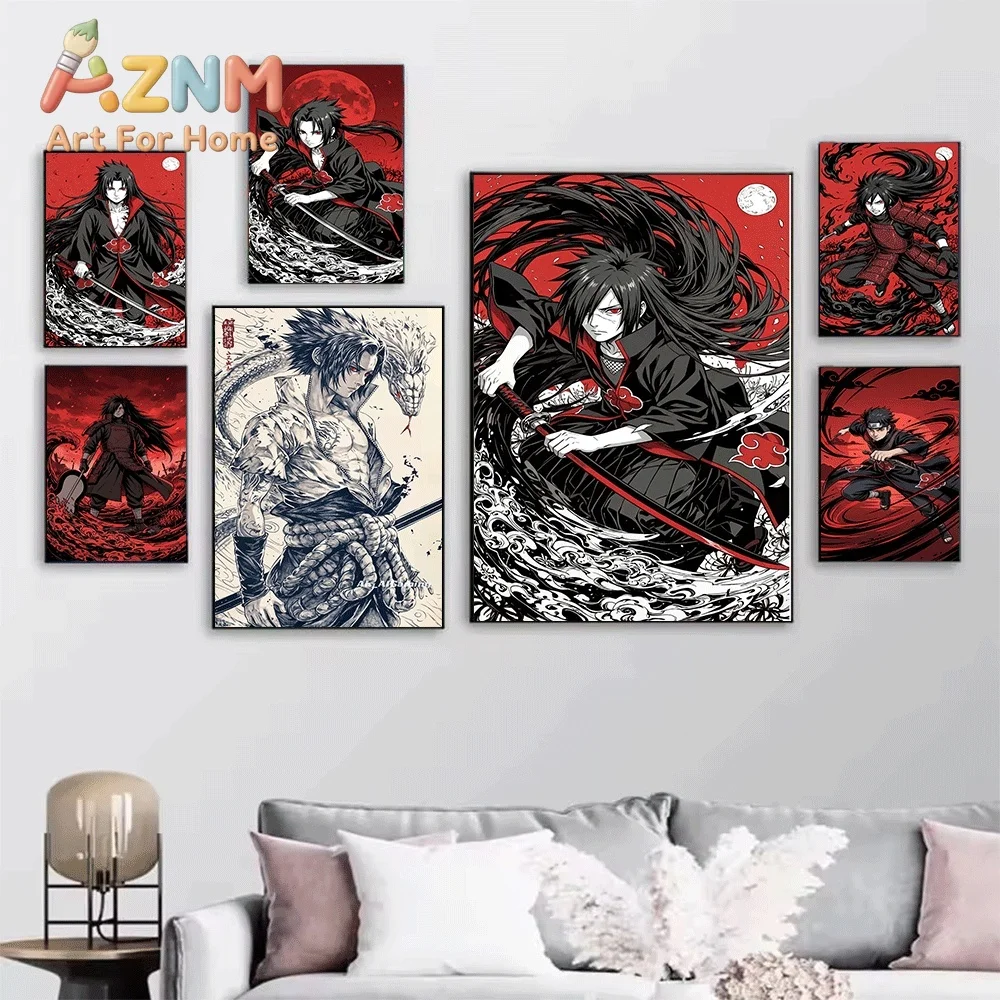 Uchiha Clan Naruto Anime Canvas Wall Art, Cool Red‑Tone Akatsuki Uchiha Character Art Print, Unframed Canvas Painting for Bedr
