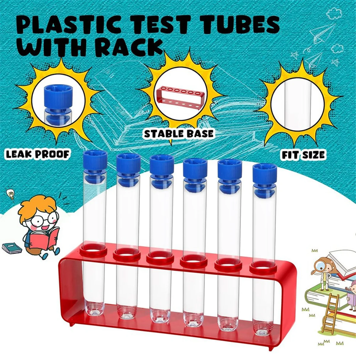 T72C 1 Sets 15 x 100mm Test Tubes with Rack Clear Plastic Test Tubes with Caps and 6 Holes Holder Rack Nurse Party Decoration