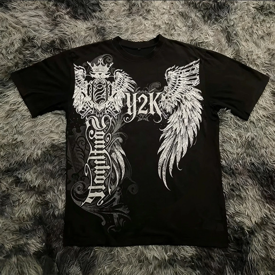 Playera clásica de verano estilo gótico Y2K con estampado, corte holgado, cuello redondo, algodón para hombre y mujer, estilo urbano 2