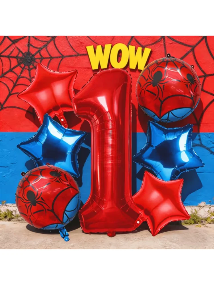 7-teiliges Rot-Blaues Spinnen-Folienballon-Set 40 Zoll Rote Zahlen Stern Spinnenballon Jungen Geburtstagsparty Valentinstag Dekorationen
