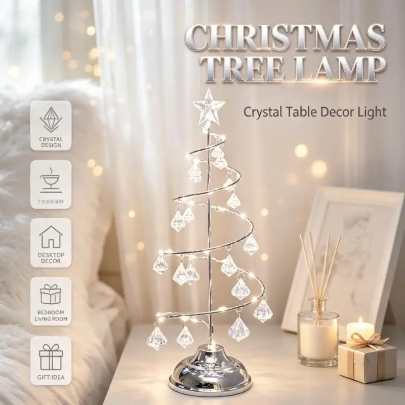 Battery Operated Christmas Tree Lamp, LED Crystal Drop Table Light with Star Topper for Bedroom Desk Holiday Decoration