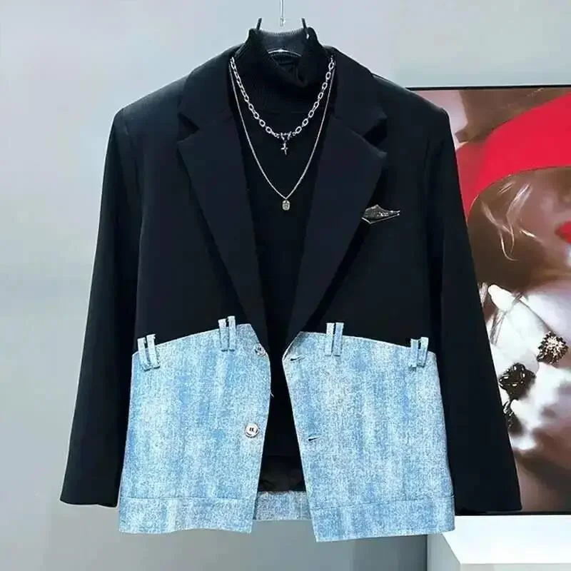 2025 Spring Autumn Design Men's Fashion Trend Casual Splicing Denim Patchwork Suit Jacket Stre ZDG6
