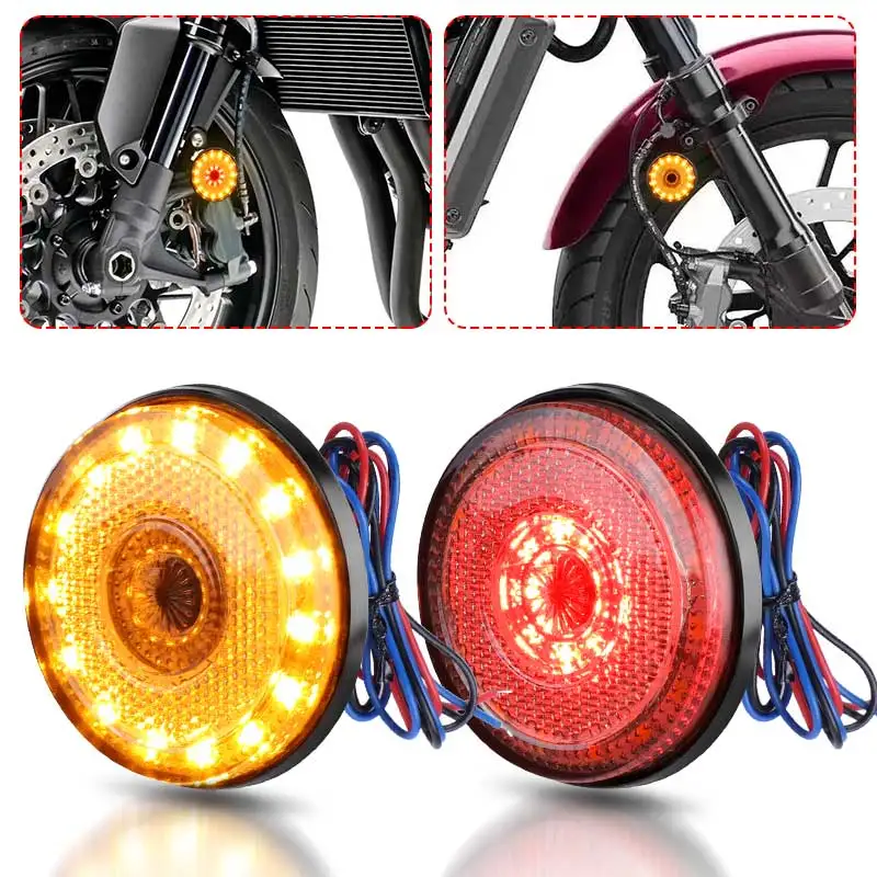 12V 2PCS Motorcycle LED Lights Mini Round Brake Stop Turn Signal Indicator Red Yellow Front Rear Tail Lamp Waterproof Universal