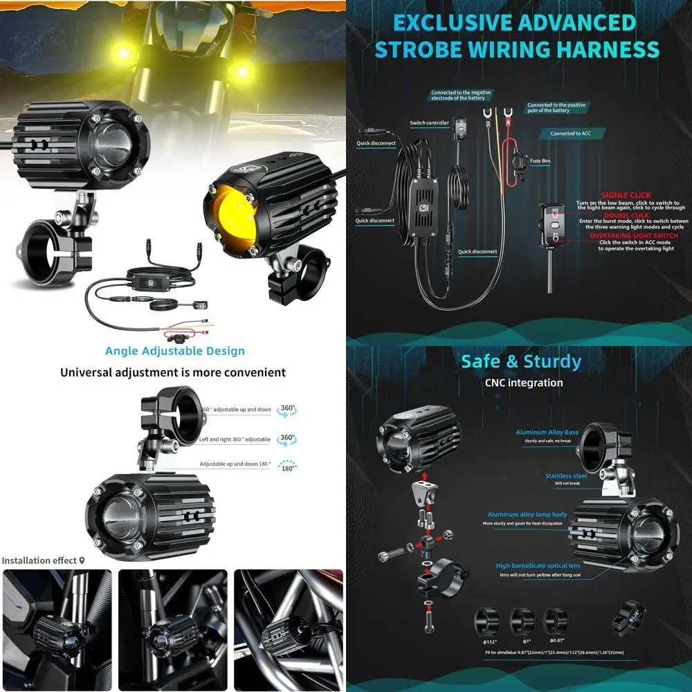 Luz led auxiliar para motocicleta, holofotes de condução, branco/âmbar, luzes de neblina com suportes de montagem, chicote de fios, à prova d'água, offroad, wor