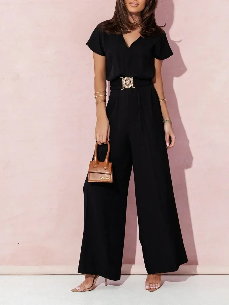 Spring Summer Women\'s Fashion V-neck Short Sleeve Jumpsuit Ladies  Casual Belt Solid Color Jumpsuit