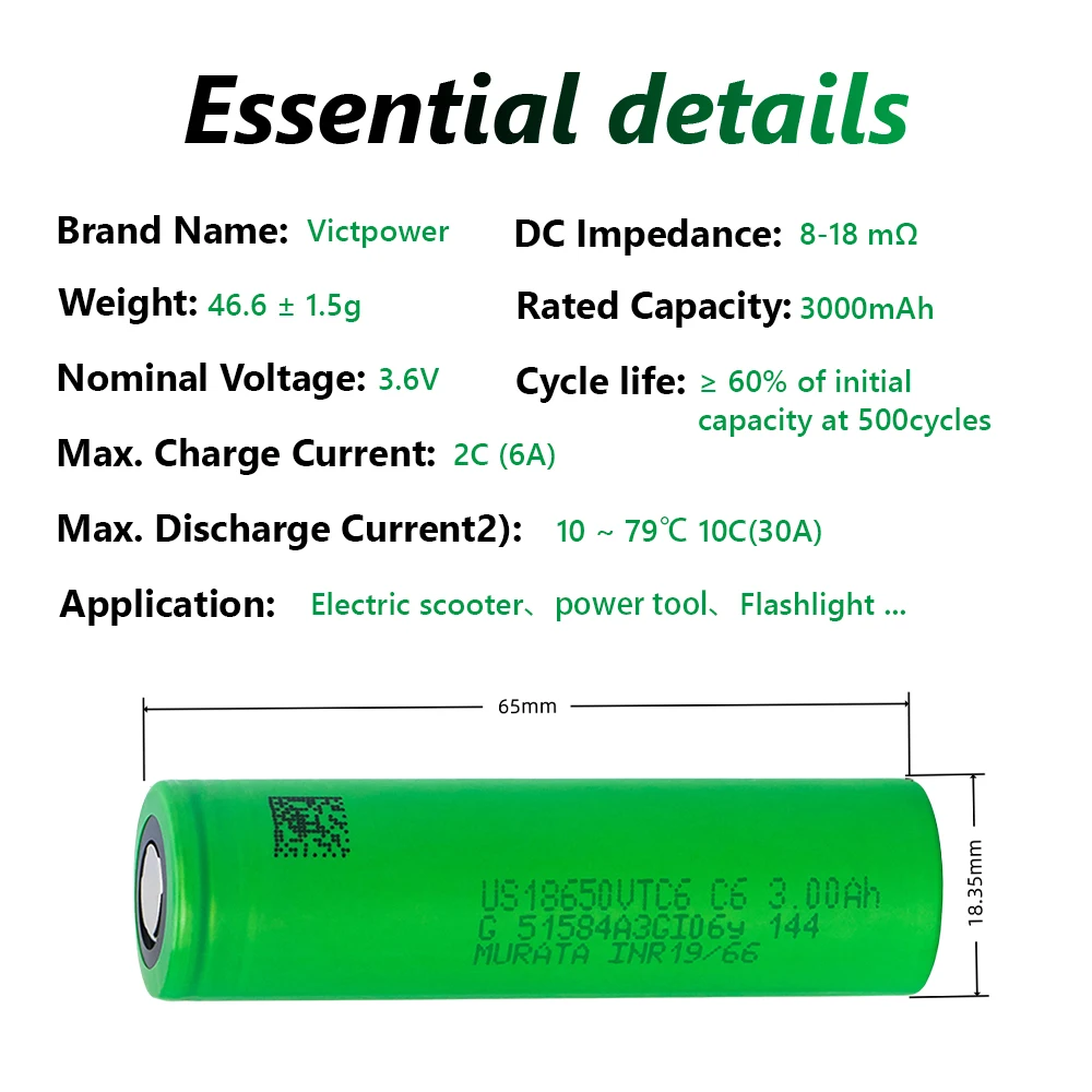 Rechargeable Lithium 18650 Vtc6 Battery 3000mah 10c 30a Us18650vtc6 Murata Vtc6 Murata 18650 Vtc6 18650 For Flashlight Tools