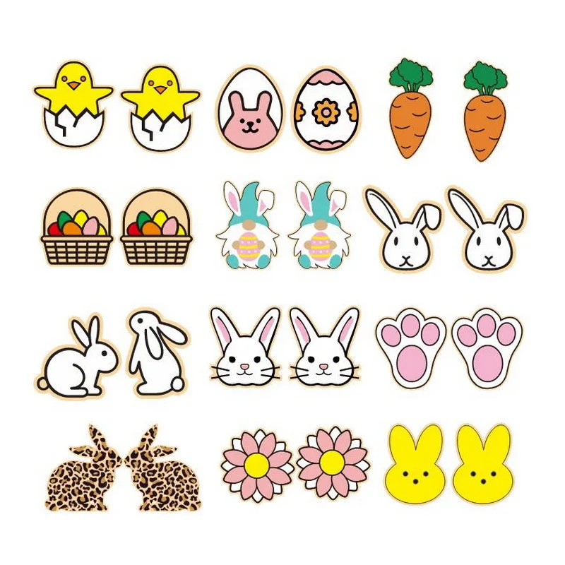 

20 Pairs/ Lot Leopard Rabbit Carrot Wood Easter Day Stud Earrings Girls Jewelry Gifts Wholesale