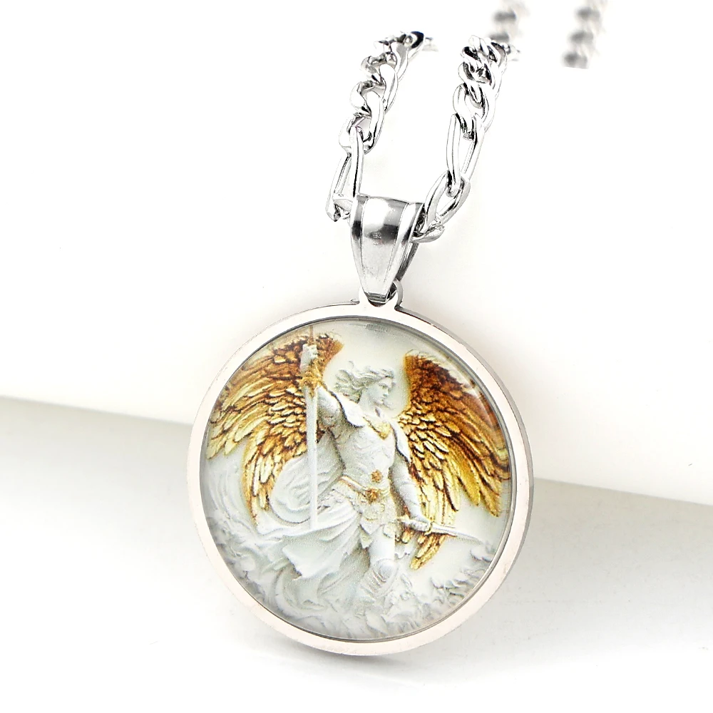 SAINT MICHAEL Archangel PROTECT US Glass Round Medal Pendant Necklace Stainless Steel Gold Color Christian Faith Amulet Jewelry