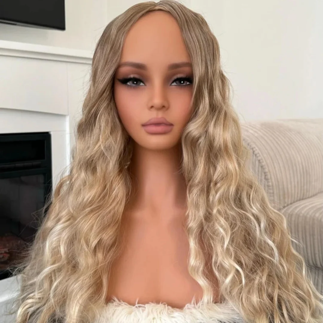 باروكة نسائية طويلة الطول أشقر فاتح صناعي عالي الدقة باروكات أمامية من الدانتيل مع جذور داكنة تسليط الضوء على موجة فضفاضة بدون صمغ جاهزة للارتداء #4