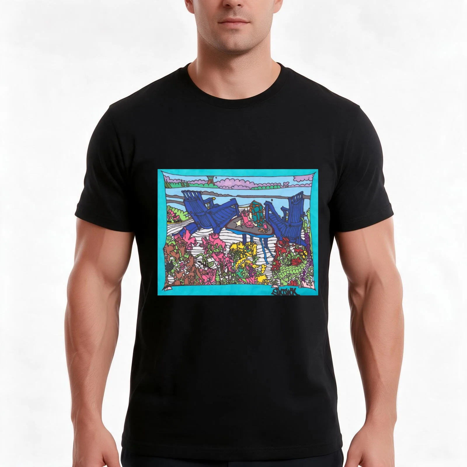 Beach Chairs T-Shirt, Summer Casual Cotton Tee, Oversized Streetwear Tops, Vintage Graphic Print, Loose Fit Short Sleeve