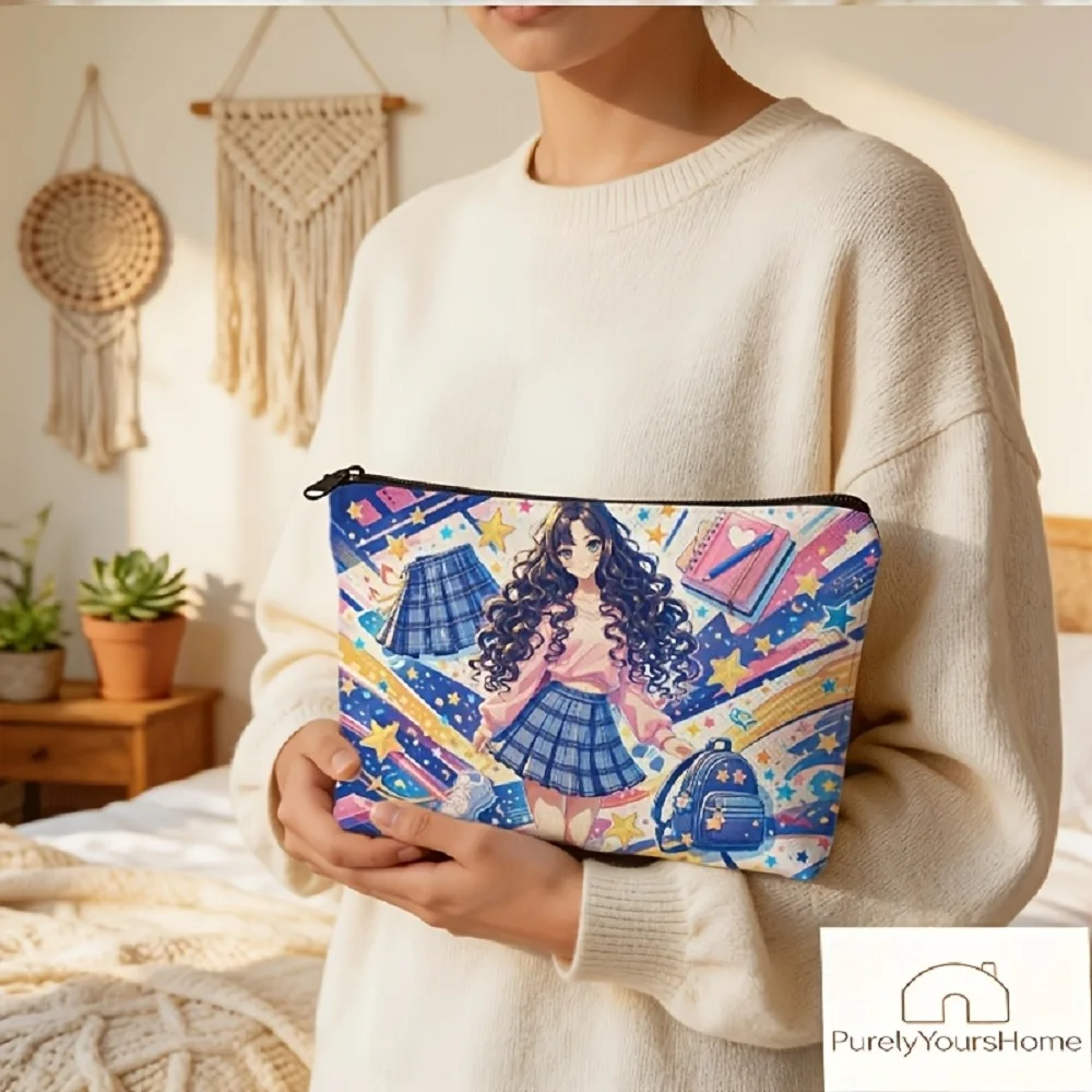 1 Piece of Anime Girl with Plaid Skirt, Star Book, and Mini Backpack Elements Collage Pattern Makeup Bag - Multifunctional Zipper Pouch for Women, Perfect Travel Zipper Storage Bag, Fun Birthday Gift