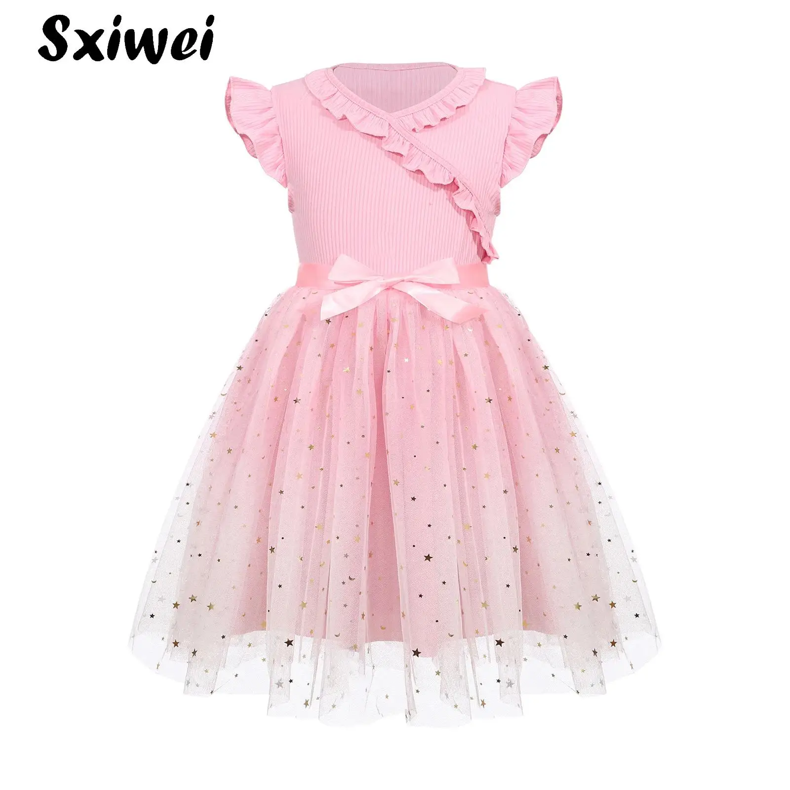 

Girls Pink Glitter Tulle Dress Kids Knit Fly Sleeve Fairy Tutu Dresses with Belt Children Halloween Birthday Party Costume