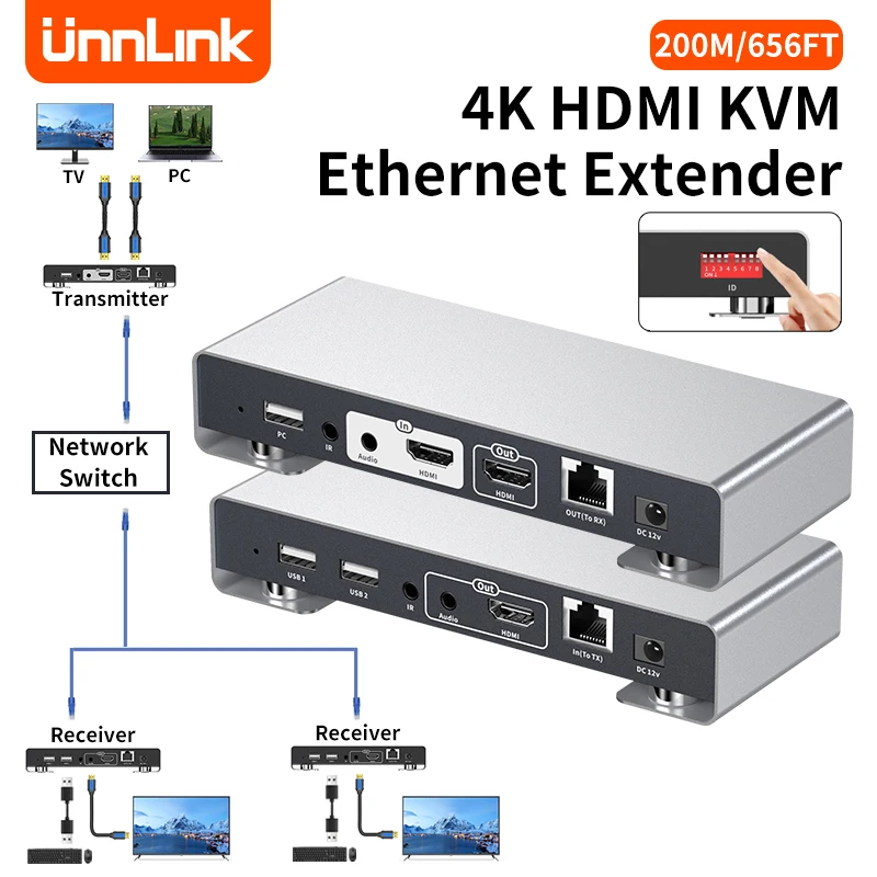 Unnlink 4K HDMI KVM IP Extender Splitter Over Rj45 USB Ethernet Extender With IR Loop For Mouse Keyboard Support Network Switch