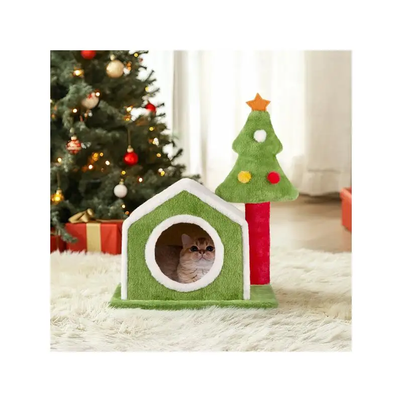 سرير بيت القطط بطول 24 بوصة، عش عيد الميلاد من القطيفة الناعمة للقطط الداخلية، ديكور عطلة احتفالي لأصدقاء القطط