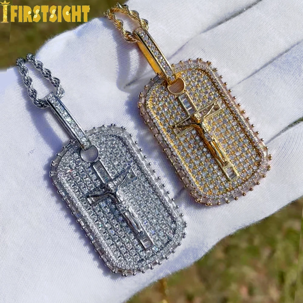 Neue Iced Out Bling Platz Jesus Kreuz Anhänger Halskette Für Männer Frauen Silber Farbe AAA Zirkon Charme Halsband Hip Hop Schmuck