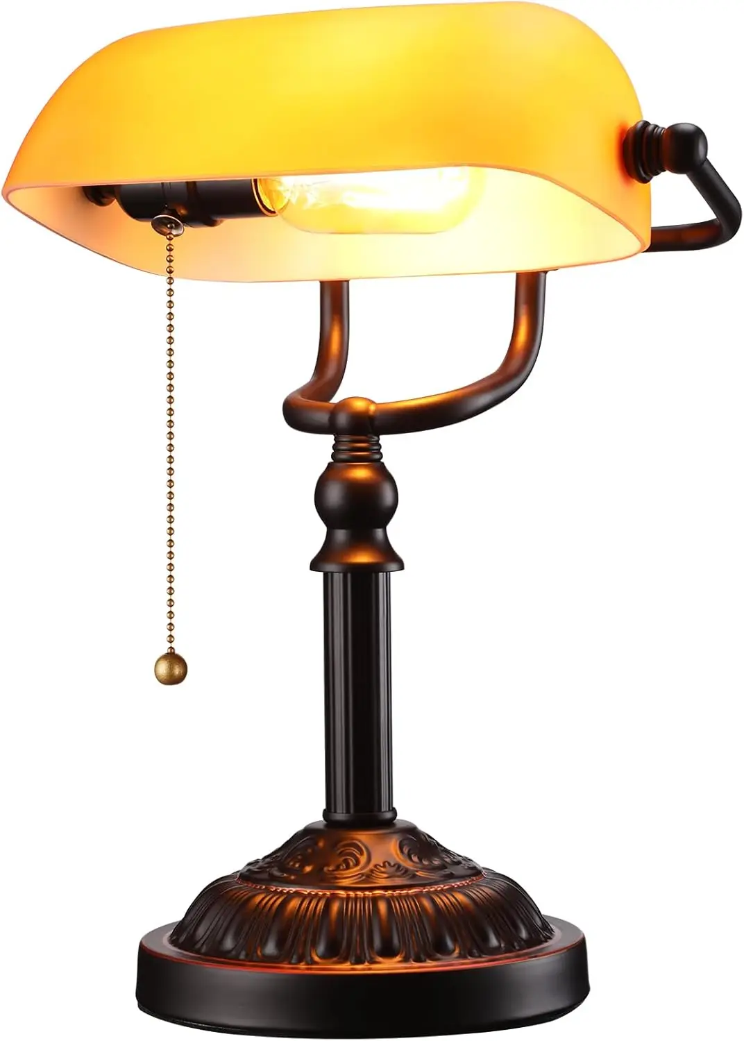 

Винтажная бронзовая настольная лампа с янтарным стеклянным плафоном, регулируемым углом наклона и выключателем на цепочке для офиса или кабинета