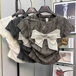 T-shirt z krótkim rękawem Sweet Bow For 2024 Summer Slim Fit Pleated Tops Female Solid Round Neck Sweet Fashion Odzież damska