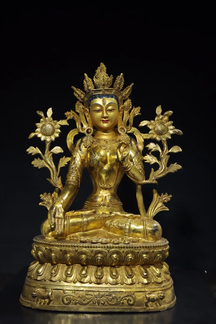 

27"Tibetan Temple Collection Old Bronze Gilded Painted Face White Tara Sitting Buddha Double Lotus Terrace Worship Hall