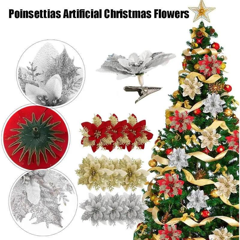 11-Piece Glitter Christmas Tree Ornaments Red Gold Sequin Plastic Flowers, No Batteries/Power Required, Colorful Design Suitable