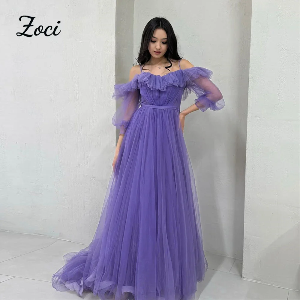 

Zoci Ruffles V Neck Customized Purple Korea Wedding Dresses Photos Shoot Off Shoulder Long Sleeve Wedding Party Dress 빅사이즈 파티드레스