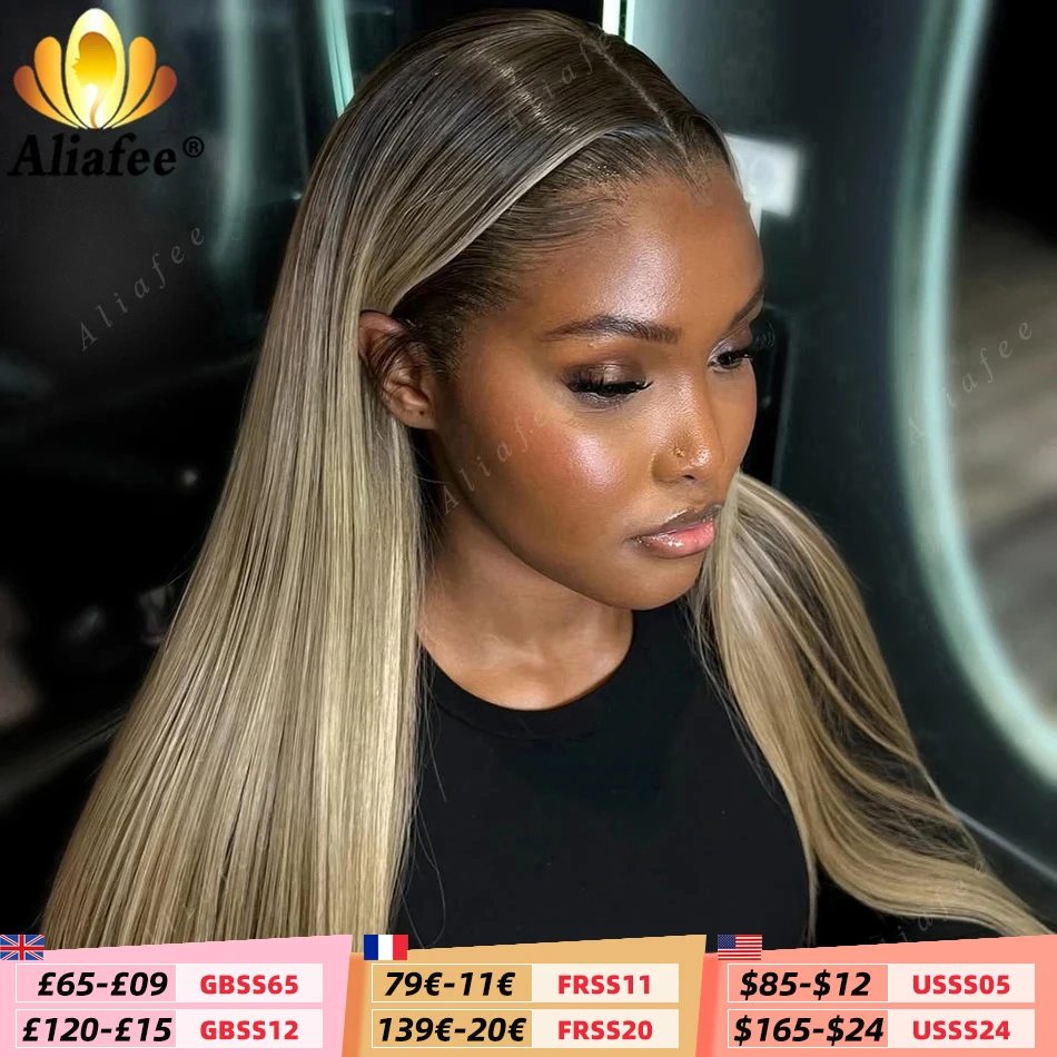 Perruque Lace Frontal Wig naturelle lisse, blond sale ombré, 13x6, blond cendré avec racines foncées, 13x4, pour femmes
