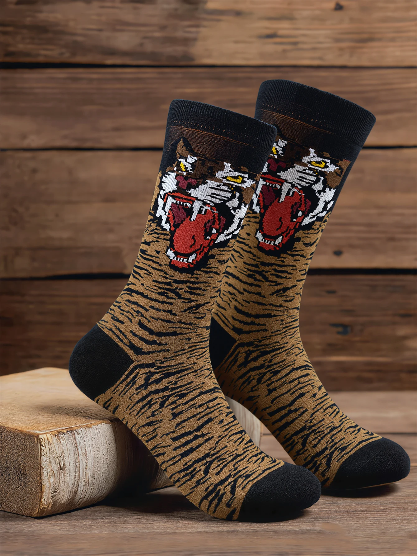 Men's Tiger Print Crew Socks Animal Print Street Skateboard Cotton Socks For Men Funny Mid Socks