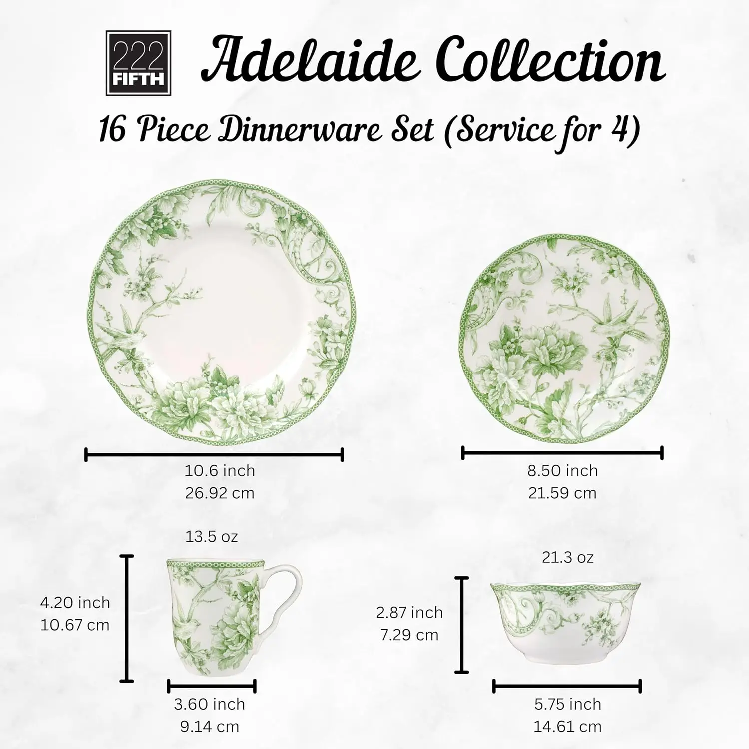 Adelaide Moss 16-Piece Porcelain Dinnerware Set – Service for 4, Big Dinner Plates and Bowls Sets with Mugs, Hand-Applied Decal,