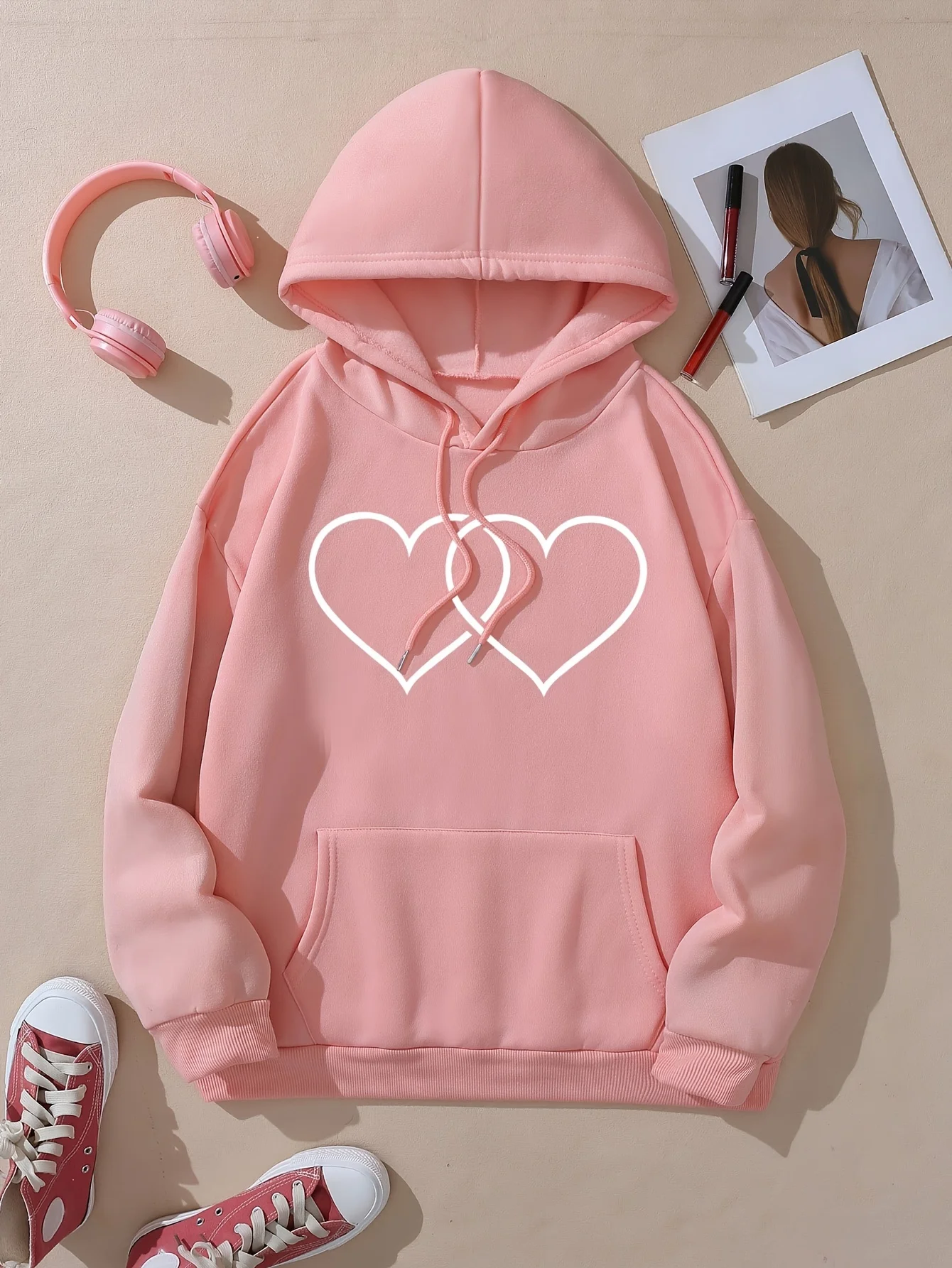 Heart Print Hoodie Casual Pocket Long Sleeve Drawstring Hoodies Sweatshirt Women\'s Clothing