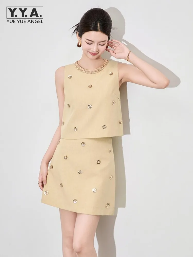 

Fashion Womens Summer Spring Sleeveless Diamond Beading Sequined Sets O-Neck Vest Two-Piece Set Above Knee Length Skirt Outfits