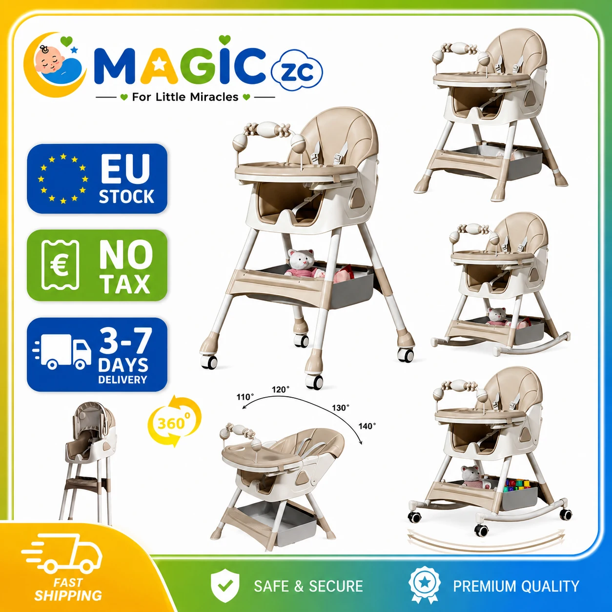 Chaise haute pliable pour bébé, chaise haute pour tout-petit, chaise de repas pour bébé, chaise de repas pour enfants, chaise à bascule convertible, chaise de repas multifonctionnelle pour enfants, dossier inclinable réglable en hauteur, double plateau, harnais 5 points, roues, panier de rangement