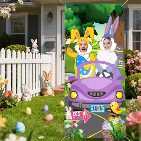 Easter Bunny Photo Door Banner Happy Easter Photo Props Jungle Safari Photo Prop Safari Animals Birthday Party Decor Large Fabri