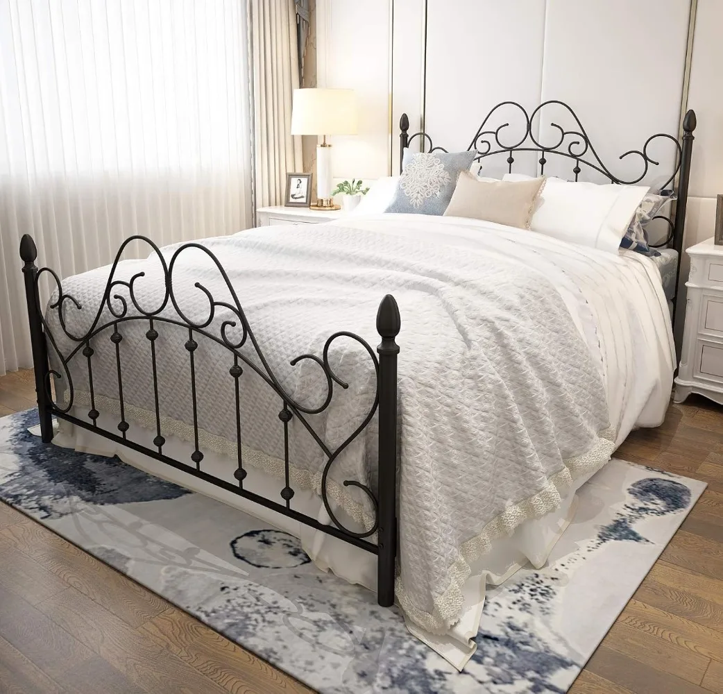 

Black Queen Platform Metal Bed Frame with Headboard and Footboard,Vintage Victorian Style Mattress Foundation, No Box Spring