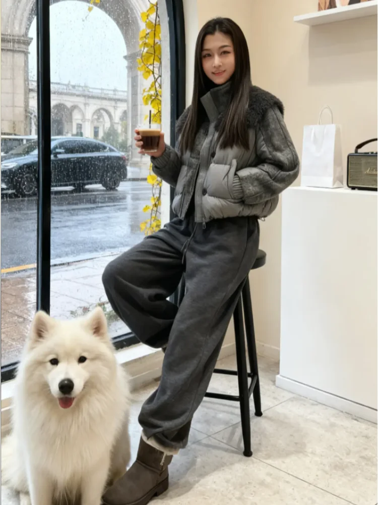 

Корейский зимний костюм для женщин: модный высококачественный комплект из хлопковой куртки и брюк с широкими штанинами, утепленный, с длинными рукавами