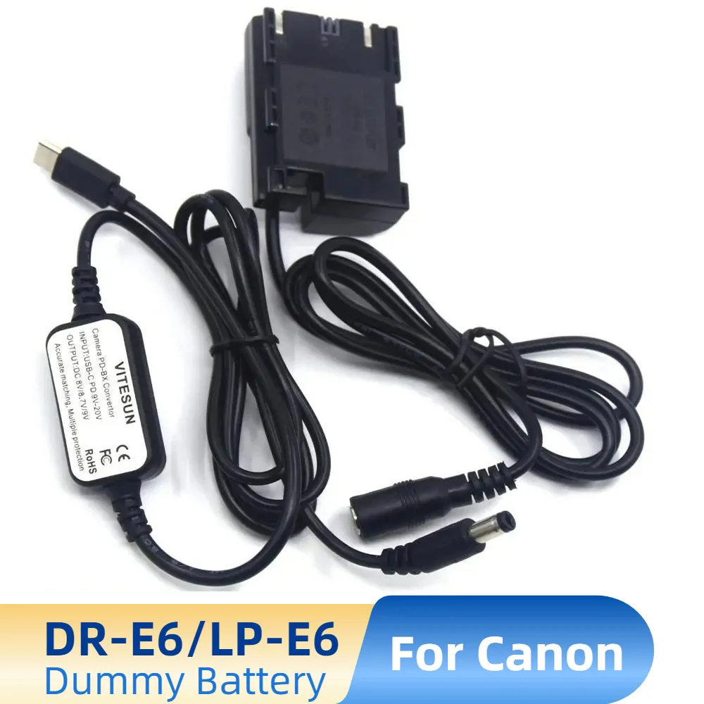 

USB Type C PD Converter to DC Cable+DR-E6 Decode LP-E6 Dummy Battery for Canon EOS 5D Mark II III EOS-5D2 5D3 6D 7D 60D Camera