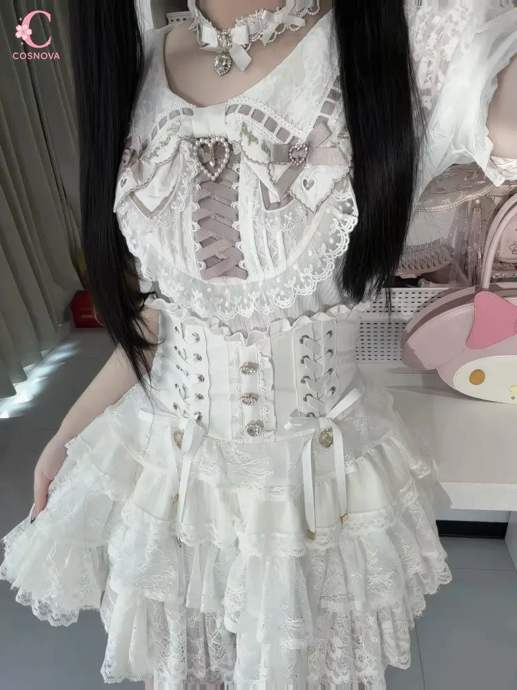 

Japanese Sweet Lolita 2 Piece Set Short Sleeve Lace Top High Waist Ruffle Skirt Set Cute Princess Girl Harajuku Soft Girl Dress