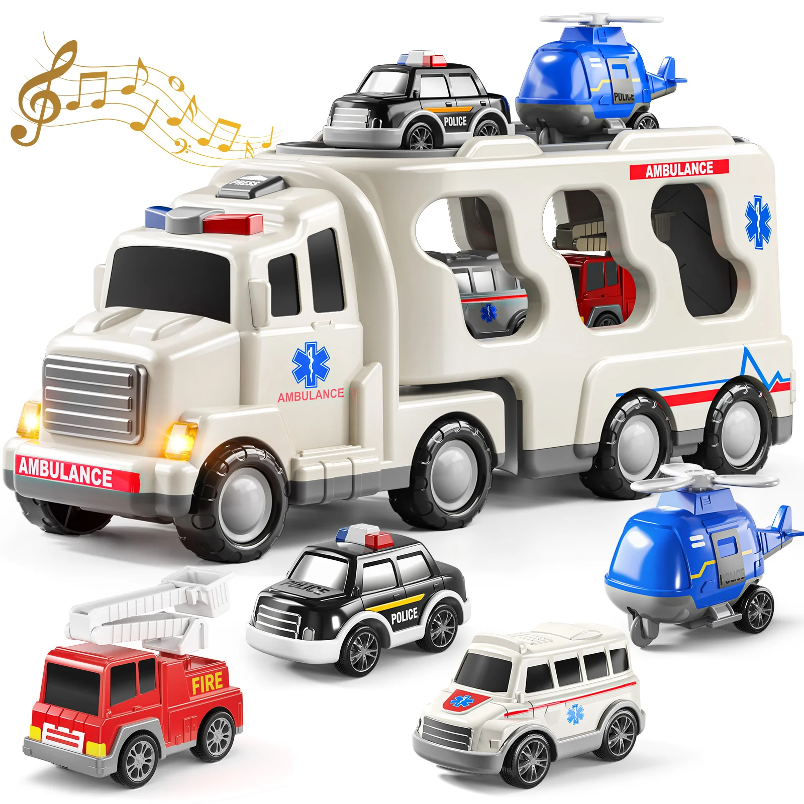 Ambulance Truck Toys for 3 4 5 6 Years Old Boys Toddlers, 5 in 1 Kids Carrier Fire Trucks Cars for Boy Toys Birthday, Car Trucks