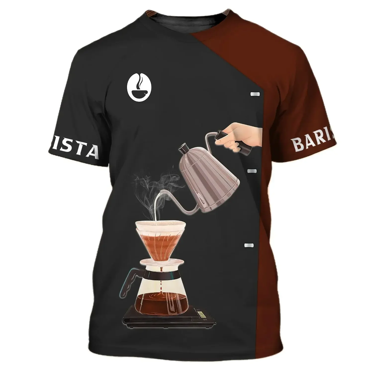 Uniforme de Barista con estampado 3D para hombre y mujer, camiseta de manga corta con cuello redondo, gran tamaño, moda de verano