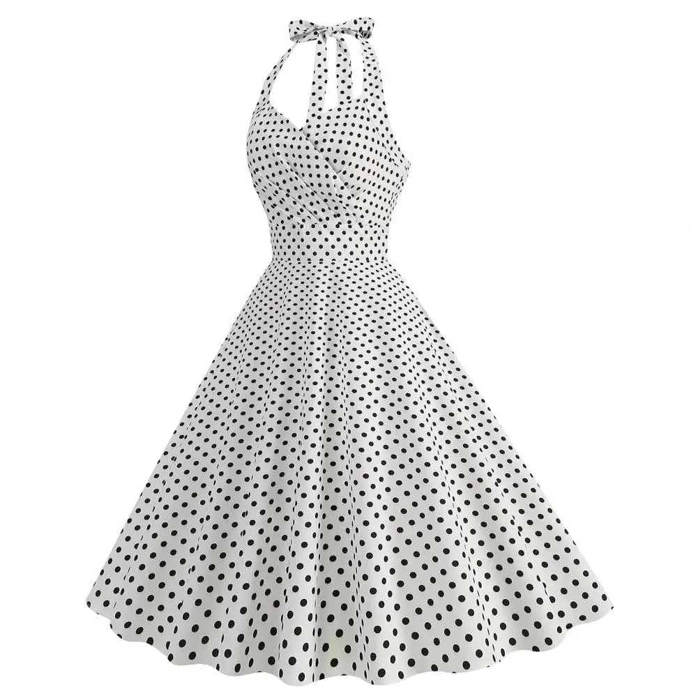 

Beach Party Dress Elegant Vintage Halter Neck Midi Dress with Contrast Color Dot Print A-line Silhouette for Women's Evening