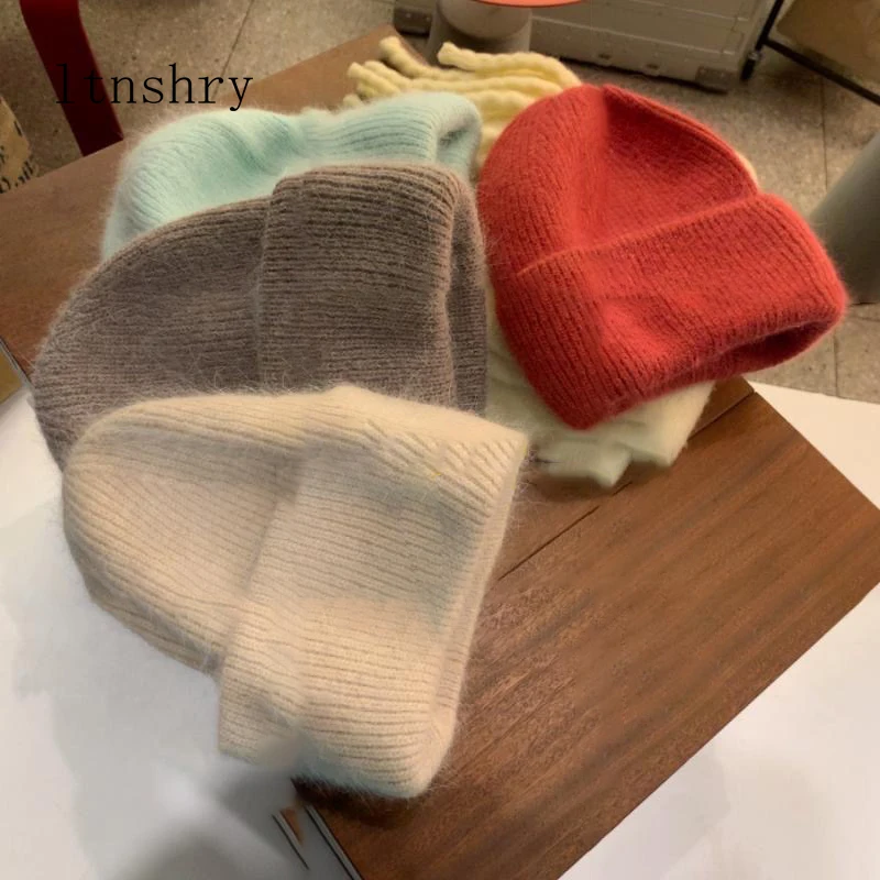 Gorros macios de pele de coelho para mulheres chapéu angorá de malha com caveira fofa gorro feminino boné de malha quente inverno