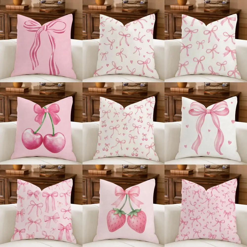 Pink bow cherry Cushion Cover Natural Breathable Durable Linen Printed Decor Pillow Case Sofa Bedroom