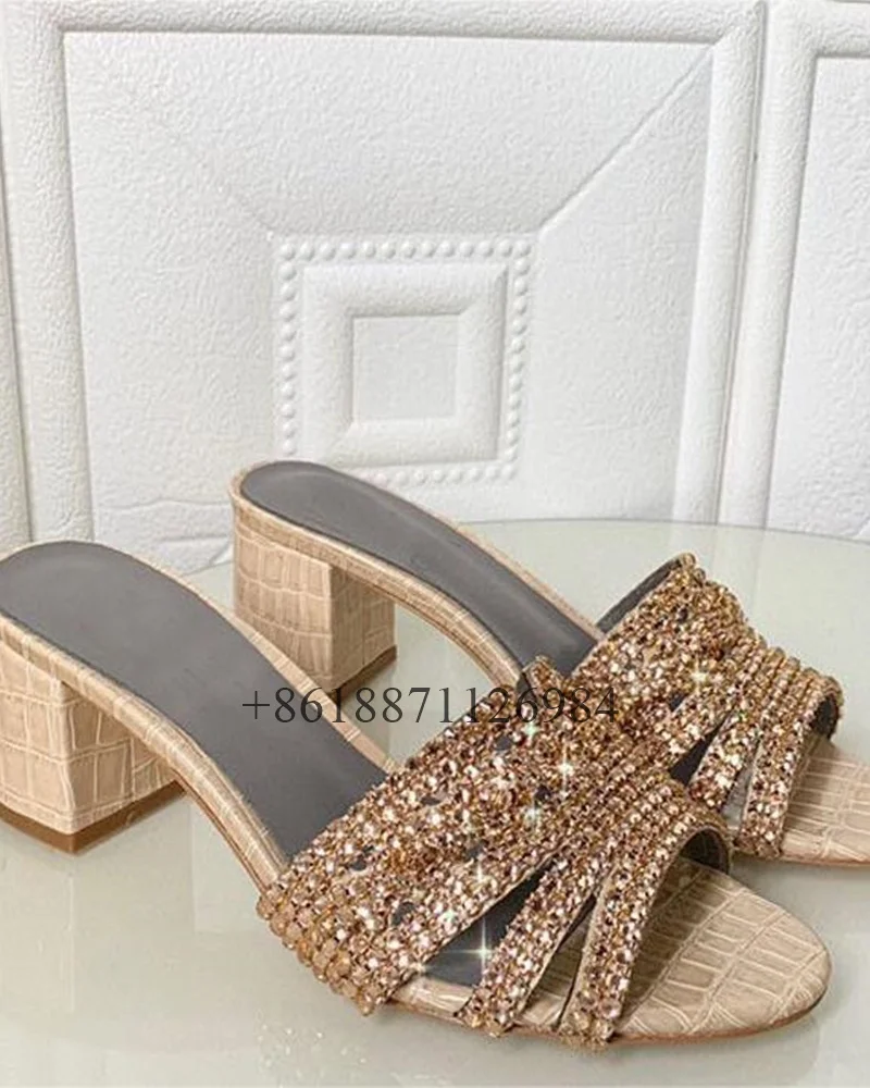 Stone Pattern Round Toe Outdoor Summer Women Slippers With Rhinestone Chunky Middle Heels Or Flat Slip On Design Large Size Shoe