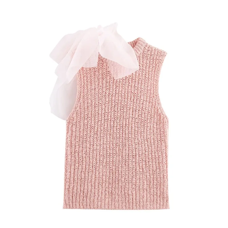

Women’s Elegant Charming Feminine Pink Knit Sleeveless Top 2025 Mesh Bowknot Decoration Spring Daily Party Outdoor Weekend Wear