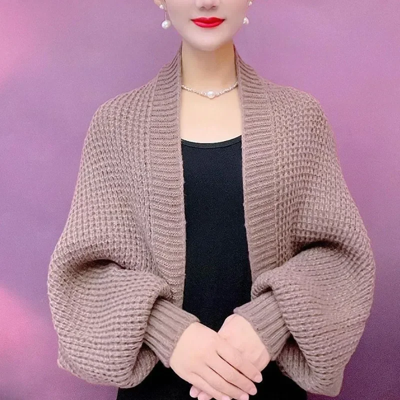 

Короткий вязаный кардиган для женщин в винтажном стиле Харадзюку с рукавами-фонариками, элегантный однотонный свитер-пальто для осени и зимы