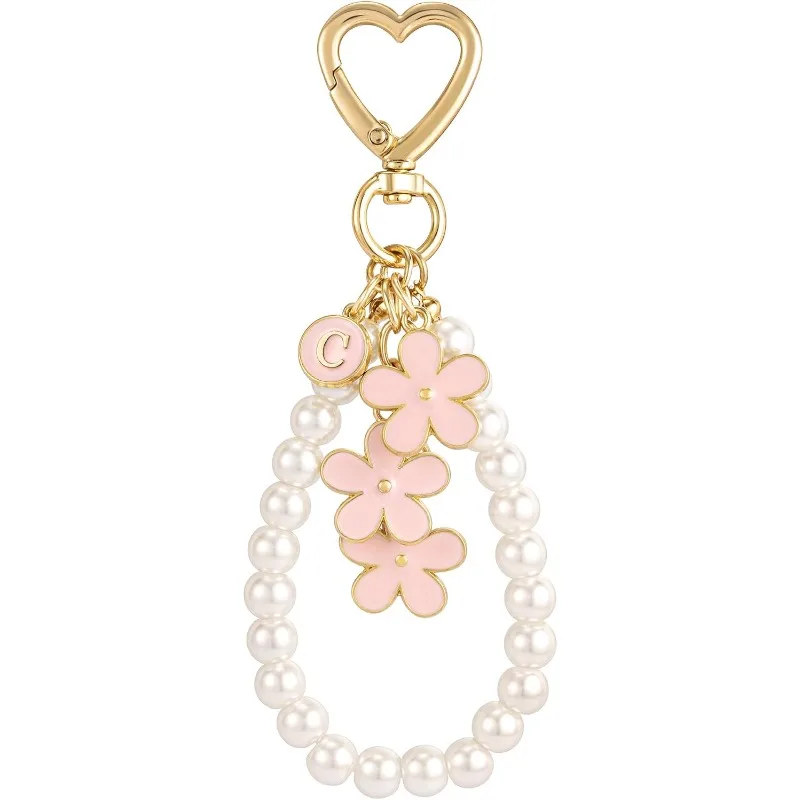 

SELOVO Initial Keychain 3 Flower Simulated Pearl Keychain Wistlet for Women Cute Pink Letter Keyring