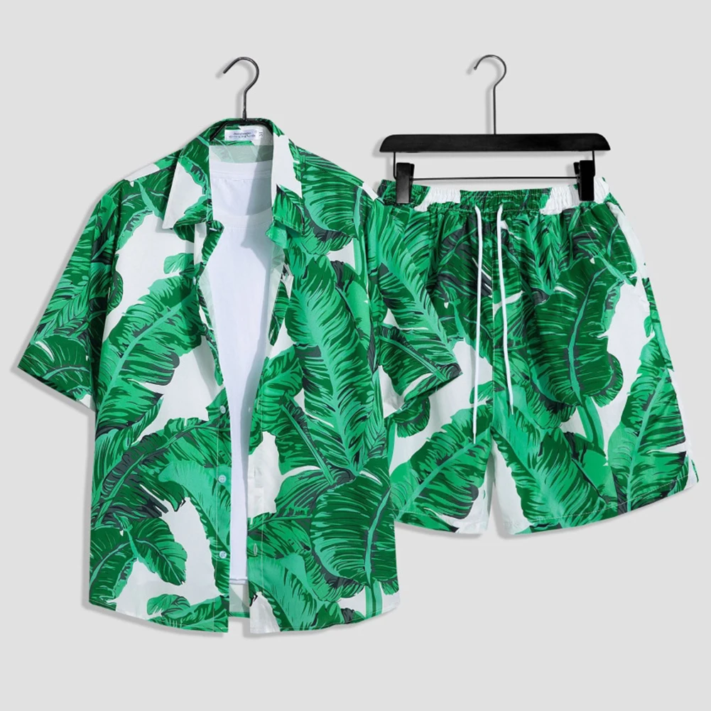 Fashionable For Summer Beach Hawaiian Beach Set 2 Piece Summer Outfit Daily Use Floral Printed Pattern Lapel Neckline