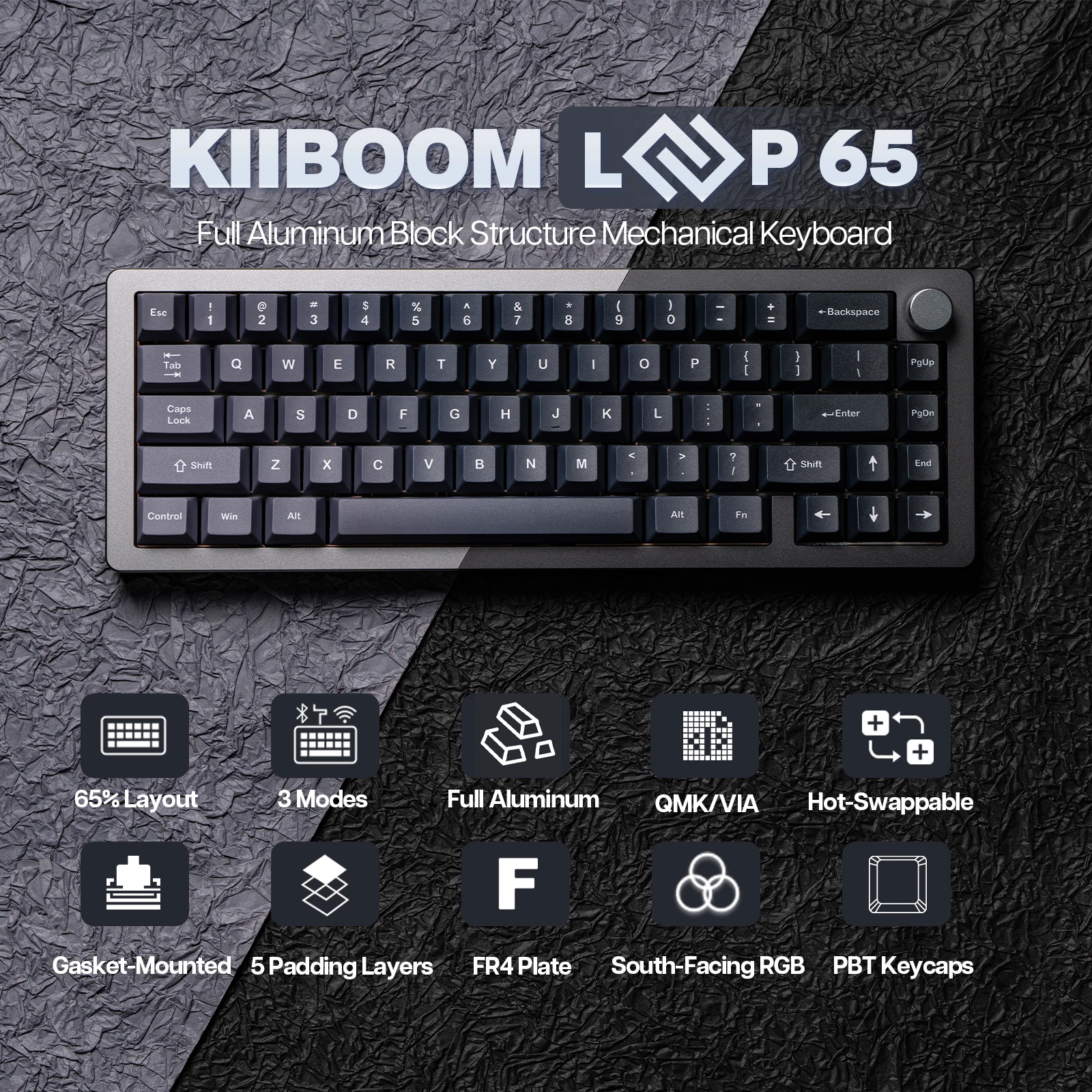 

KiiBOOM Loop 65% QMK/VIA с возможностью горячей замены, полностью алюминиевый блок, проводная/Bluetooth/2,4G, беспроводная механическая клавиатура с RGB-подсветкой