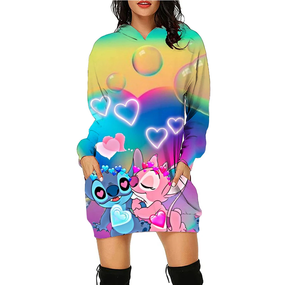 Stitch Fashion Kawaii Hoodie Dresses Stitch Women Disney Sweater Dress Luxury Party Disney Mini Y2k Long Sleeves Women Dress