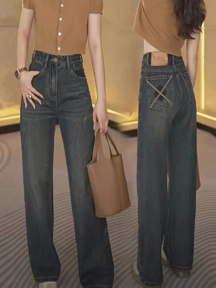 

Женские джинсы с высокой талией и широкими штанинами, осенне-зимние, свободные, повседневные, в пол, прямые, узкого кроя, в стиле ретро